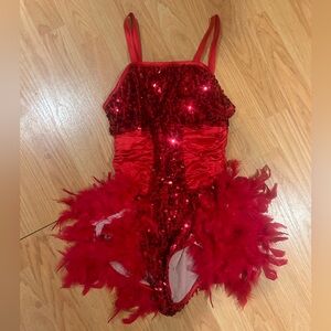 red sequin dance costume with feather skirt size adult medium/large
